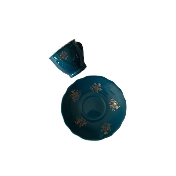 Miniature China Tea Cup and Saucer in Deep Teal with a Gold Floral Design - Picture 5 of 5